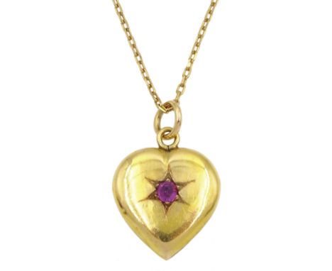 Victorian gold heart pendant set with a single stone ruby, on later 9ct gold chainCondition Report:Heart tested to 16ct, appr