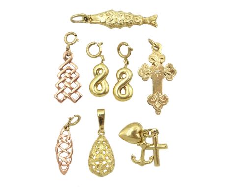 Eight gold charms including engraved cross set with single diamond, rose gold Celtic designs, infinity symbols and fish, all 