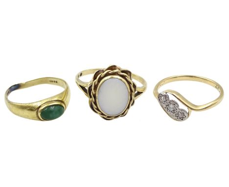 Gold three stone diamond chip ring, stamped 9ct PT, gold opal ring hallmarked 9ct and an 18ct gold green stone se ring, stamp