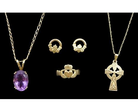 Gold oval amethyst pendant necklace, gold Claddagh ring and similar stud earrings and a Celtic cross pendant necklace, all 9c