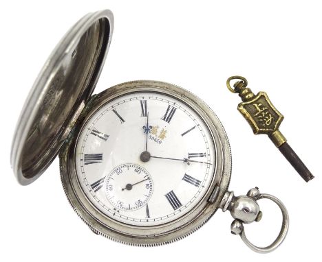 Chinese silver full hunter key wound lever pocket watch, white enamel dial with Roman numerals, subsidiary seconds dial and n