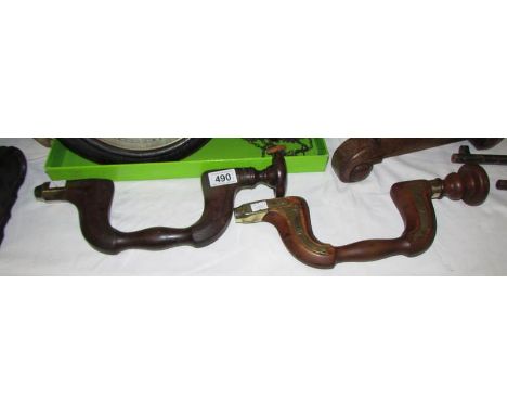 2 vintage wooden and brass carpenters joinery braces.