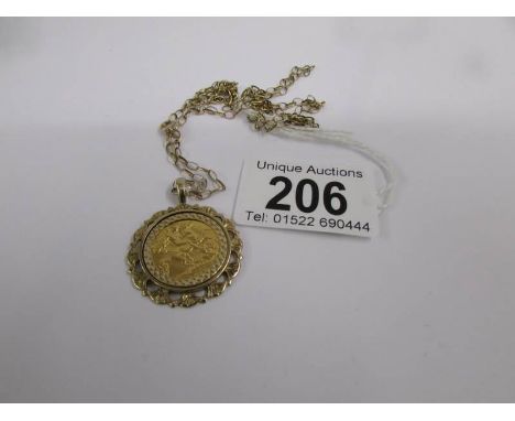 A 1919 half sovereign as a pendant in a 9ct gold mount with attached 9ct gold chain. ****Condition report**** Approximate wei