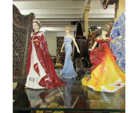 2 Royal Doulton figures being Diana and Belle together with a Royal Worcester figure of Queen Elizabeth II.