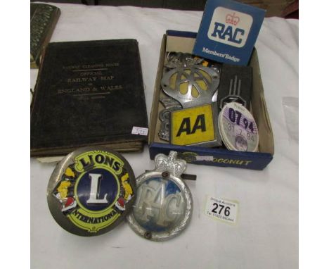 A mixed lot including AA badges, RAC badges, tax disc, railway map etc.,