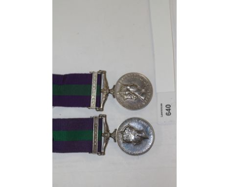 TWO GENERAL SERVICE MEDALS. The first a GV1 medal with bar Malaya to a Gnr Somers. RA. The second QE11 with bar Near east to 