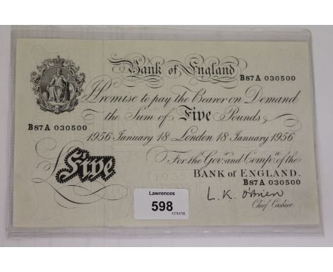 A UNC WHITE FIVE POUND NOTE. A Bank of England 'White Fiver' dated 18th January 1956, number B87A 030500. In uncirculated con
