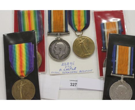 THREE GT WAR PAIRS INCLUDING AN 11/11/1918 CASUALTY. British War & Victory Medal pairs named to 1. 22895 Pte A Castle R Berks