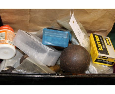A QTY OF CAST BALLS etc A large quantity of cast lead balls, bullets and empty cases. Some tools and tins of Pellets, Percuss