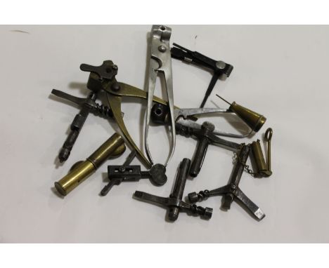 GUN REPAIR TOOLS etc. Three large bore bullet moulds, also four muzzle loading multi-tools with screwdrivers, worm drives, ha