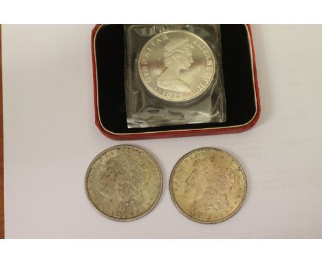 CASED GIBRALTAR SILVER CROWNS etcSix cased Silver Proof Gibraltar Crowns, two Morgan Dollars 1921, etc