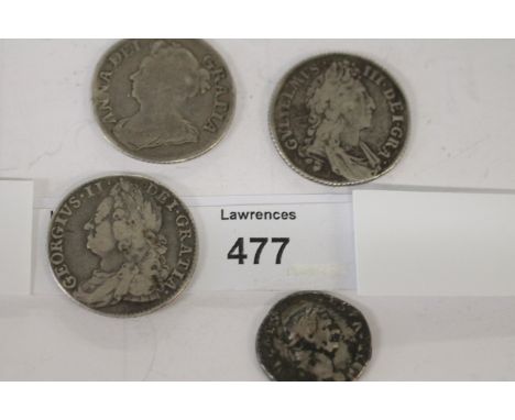 THREE SHILLING PIECES etc. The first of William 111 dated 1696. The second of Queen Anne dated 1709. The third of George 11 d