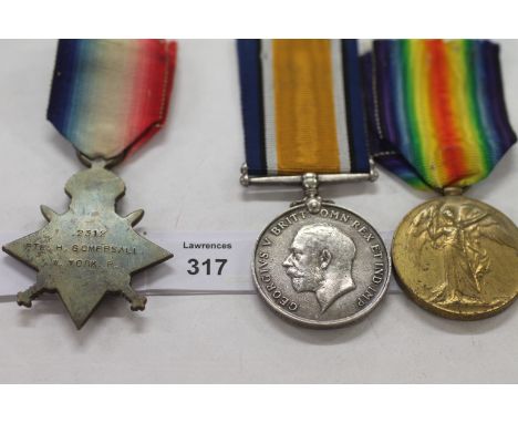 A WEST YORKSHIRE REGT TRIO. A 1914/15 Star, British War and Victory Medals, named to 2312 Pte H Gomersall W Yorks R. Harry Go