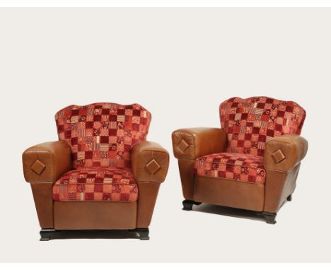 A PAIR OF ART DECO LEATHER AND MOQUETTE UPHOLSTERED "CLUB" ARMCHAIRS with fabric upholstered cushions within a brown leather 