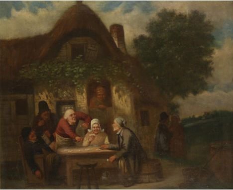 DUTCH SCHOOL, 19TH CENTURY Figures playing cards outside a tavern, oil on canvas, 19.25" x 23.25" 