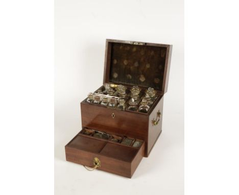 A MAHOGANY APOTHECARY'S CABINET, the rising top opening to reveal graduated glass bottles, above a flush-fitting drawer with 