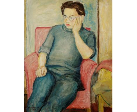 •ALAN LOWNDES (1921-1978) A portrait study of a young man resting in an armchair wearing glasses, signed lower left and dated