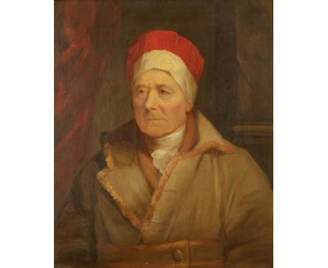 ENGLISH SCHOOL, 19TH CENTURY A bust-length portrait of a gentleman wearing a red and white hat and heavy coat before a red cu