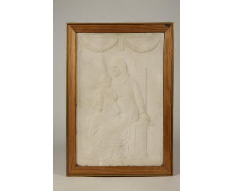 A ROMAN STYLE RELIEF CARVED PANEL of a mother and child seated on a decorated throne beneath a hanging swag, possibly 18th ce