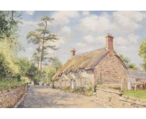 THOMAS HARDY INTEREST: A pastel study "Tess's Cottage, Evershot" by Anne M.D. Jones, 11.5" x 17" and a head and shoulders por