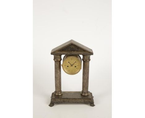 A PLATED "PORTICO" MANTEL CLOCK, the architectural frame with triangular pediment, on twin reeded columns supporting a circul