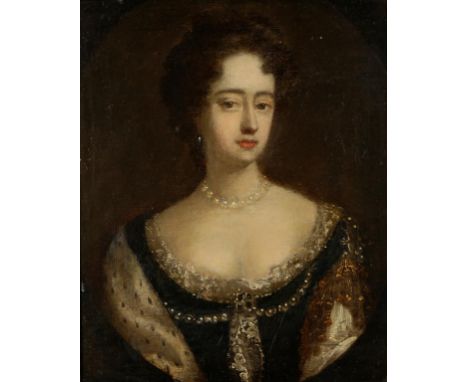 ENGLISH SCHOOL, 18TH CENTURY A half-length portrait of a woman wearing a pearl necklace, in oval cartouche, oil on canvas, 11