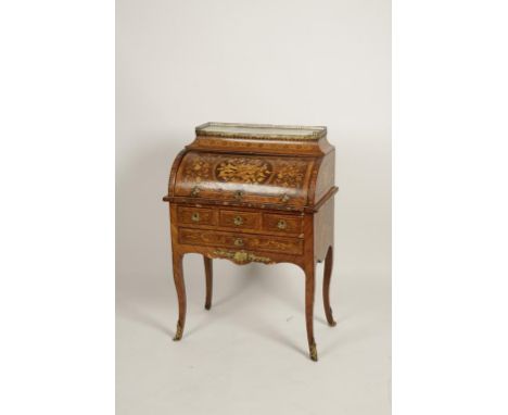 A DUTCH MARQUETRY CYLINDER FRONT BUREAU, the top with a rectangular marble panel, above a swept frieze of scrolling marquetry