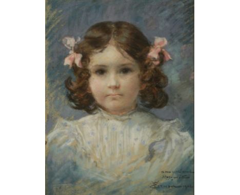 EMILE VERNON (1872-1919) Portrait of a young girl with bows in her hair, signed and indistinctly titled lower right, pastel, 