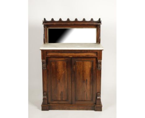 A REGENCY ROSEWOOD MARBLE TOP CHIFFONIER, the raised back with scrolling border above a shelf and mirrored back, the marble t