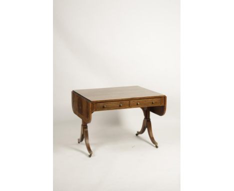 A LATE GEORGE III ROSEWOOD AND SATINWOOD STRUNG SOFA TABLE, the rectangular top with drop flap ends with rounded corners, abo