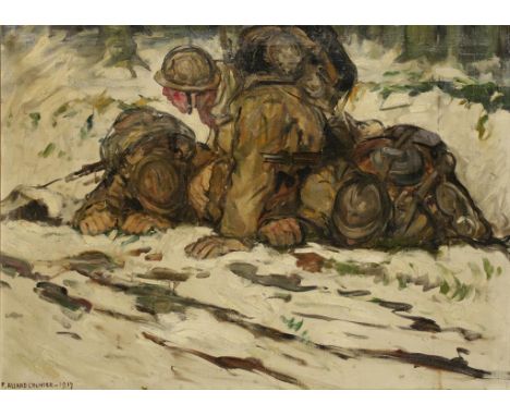 FERNAND ALLARD-L'OLIVIER (1883-1933) First World War soldiers sheltering on a battlefield, signed and dated 1917 lower left, 