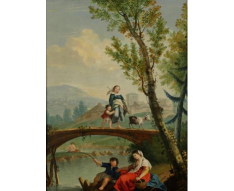 FRANCESCO ZUCCARELLI (1702-1788) A woman, child and goat crossing a bridge, with figures fishing below, oil on panel, 15.5" x