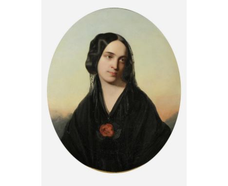 SPANISH SCHOOL, 19TH CENTURY A bust length portrait of a lady in mourning dress, oil on canvas, 28.5" x 24" (oval)