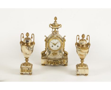 A FRENCH MARBLE AND GILT METAL CLOCK GARNITURE, the central clock with a white enamel dial with painted floral decoration, wi