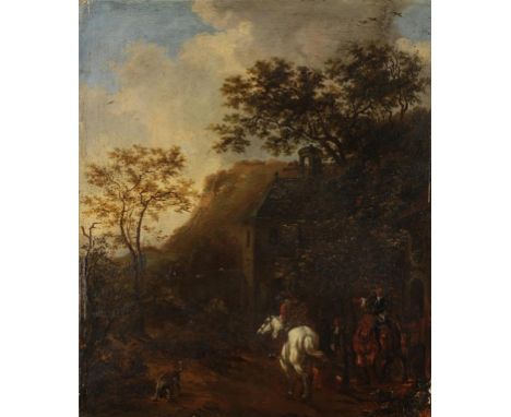 FOLLOWER OF PHILIPS WOUEERMAN (1619-1668) Figures on horseback in front of buildings, oil on panel, 17.5" x 14.5"