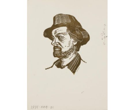 •JOHN LIDDELL (1924-2005) Self portrait, numbered, dated 1991 with artists pencil annotations to the page, sepia lino-cut, 8"