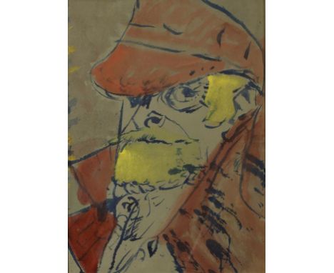 •SVEN BERLIN (1911-1999) Self portrait in red cap, watercolour and gouache on card, painted on the back of a sketch book cove