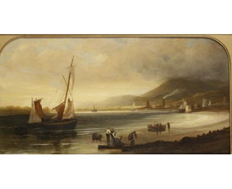 ENGLISH SCHOOL, 19TH CENTURY Figures bringing their cargo ashore, with smoking chimney of a coastal town beyond, oil on panel