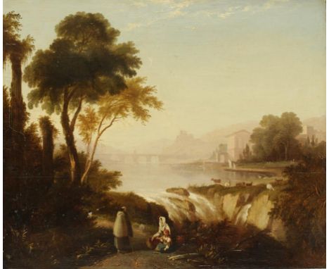 CONTINENTAL SCHOOL, 18TH/19TH CENTURY Figures and goats beside a waterfall, with Classical buildings beyond, oil on panel, 24