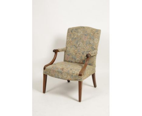 A GEORGE III STYLE MAHOGANY ARMCHAIR with tapestry effect upholstery, the rectangular back with arched top, with upholstered 