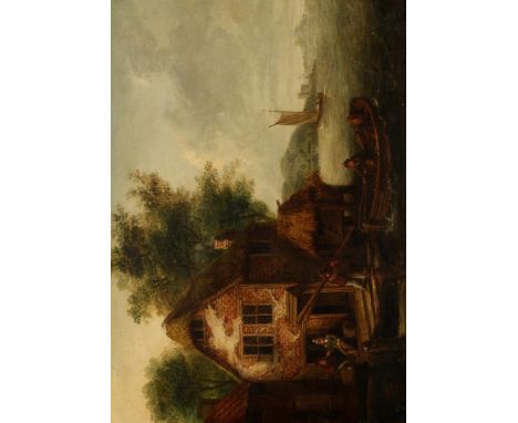 ATTRIBUTED TO WILLIAM SADLER (1782-1839) A fishing vessel mooring alongside a coastal cottage, oil on panel, 13.5" x 19". See