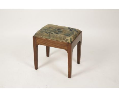 A GEORGE III MAHOGANY STOOL, the rectangular tapestry upholstered drop-in seat on a straight-sided frieze and square legs, 18