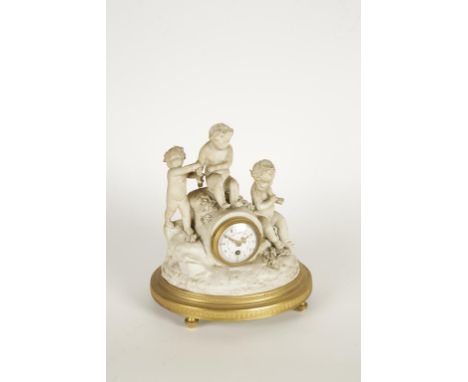 A FRENCH BISQUE PORCELAIN MANTEL CLOCK, the circular enamel dials with floral swags, with a single train movement, surmounted