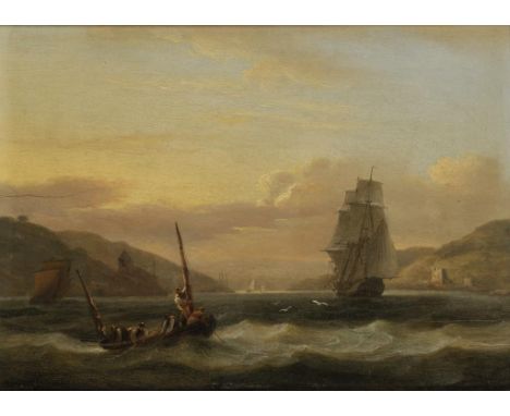 AFTER THOMAS LUNY (1759-1837) Figures in a rowing boat in choppy seas, with tall ship beyond, with signature and date 1820, i