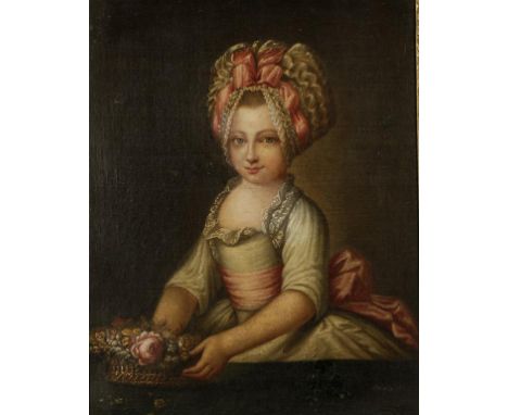 ITALIAN SCHOOL, 18TH CENTURY A portrait of a young girl holding a basket of flowers, oil on canvas, apparently retaining the 