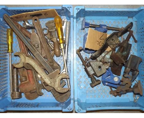 A collection of vintage tools to include sash cramp ends and assorted spanners (2)