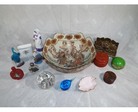 A good mixed lot to include an oriental gilded bowl, a Royal Doulton figurine entitled Anna HN 2802, glass paperweights, orie