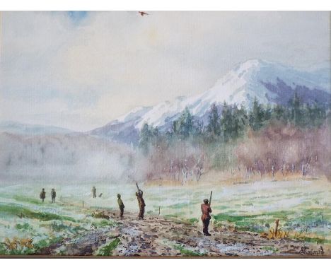 Brian Shuward - A watercolour depicting a hunting scene, mounted and framed under glass, image size 17 cm x 23 cm