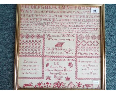 A sampler entitled Elsie, South Wing, New Orphan House Ashley Down Bristol 1886, image size 34cm x 33cm