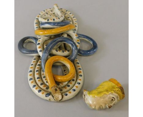 A 19thC Prattware pipe, with a mask head bowl, 22cm long (AF)